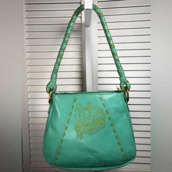 Vintage Consuela Leather Shoulder Tote Bag Teal With Colorful Flower Embroidery - Picture 3 of 16